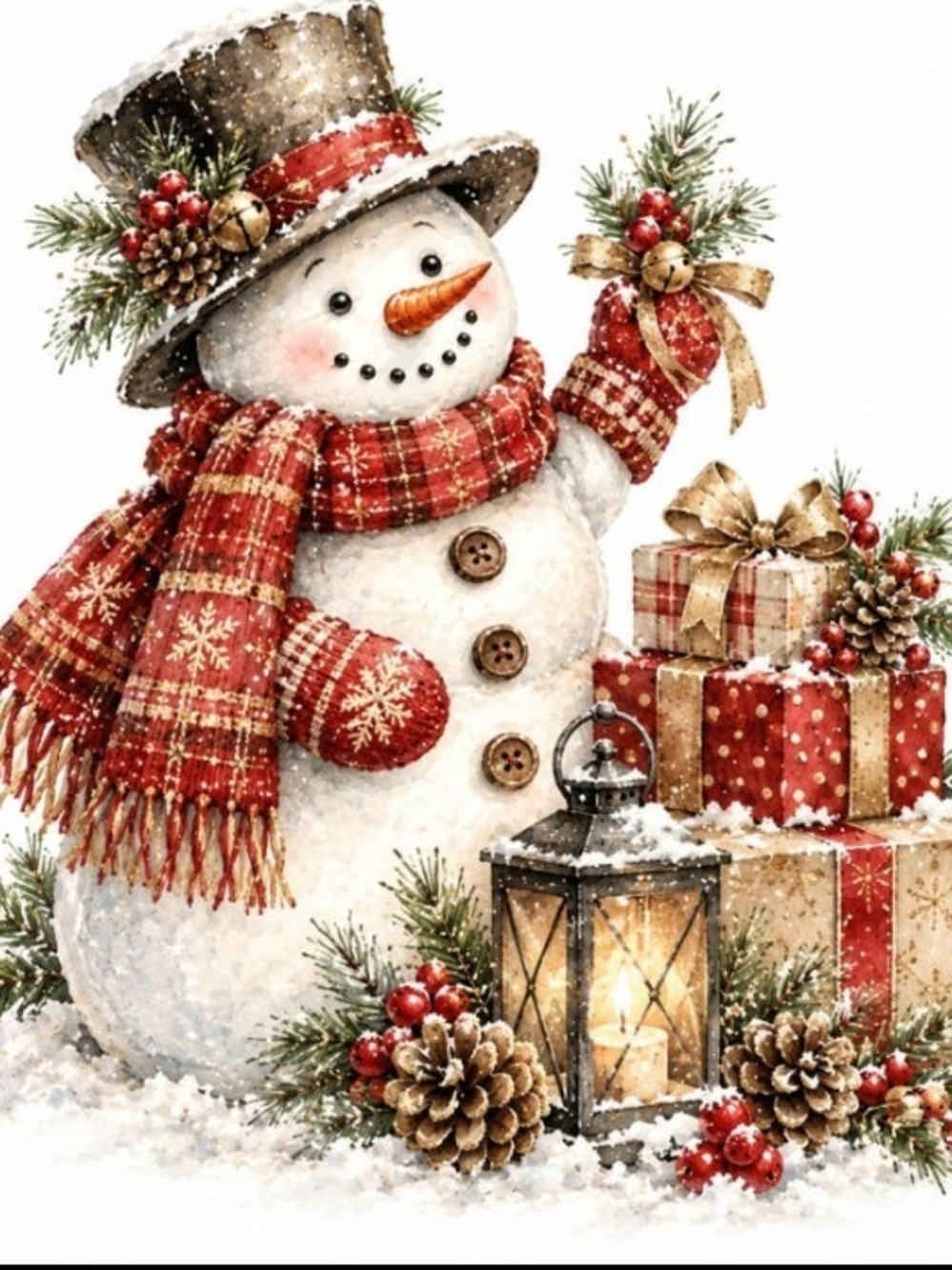 Festive Snowman Holiday Wall Art Print in Red and Cream 8x10